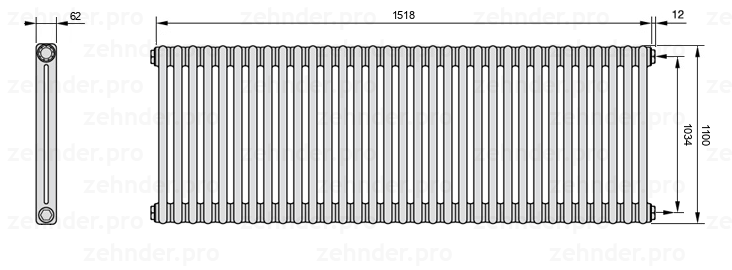Схема (чертеж) Радиатор Zehnder Charleston 2110/33 №7610 Белый глянцевый RAL 9016